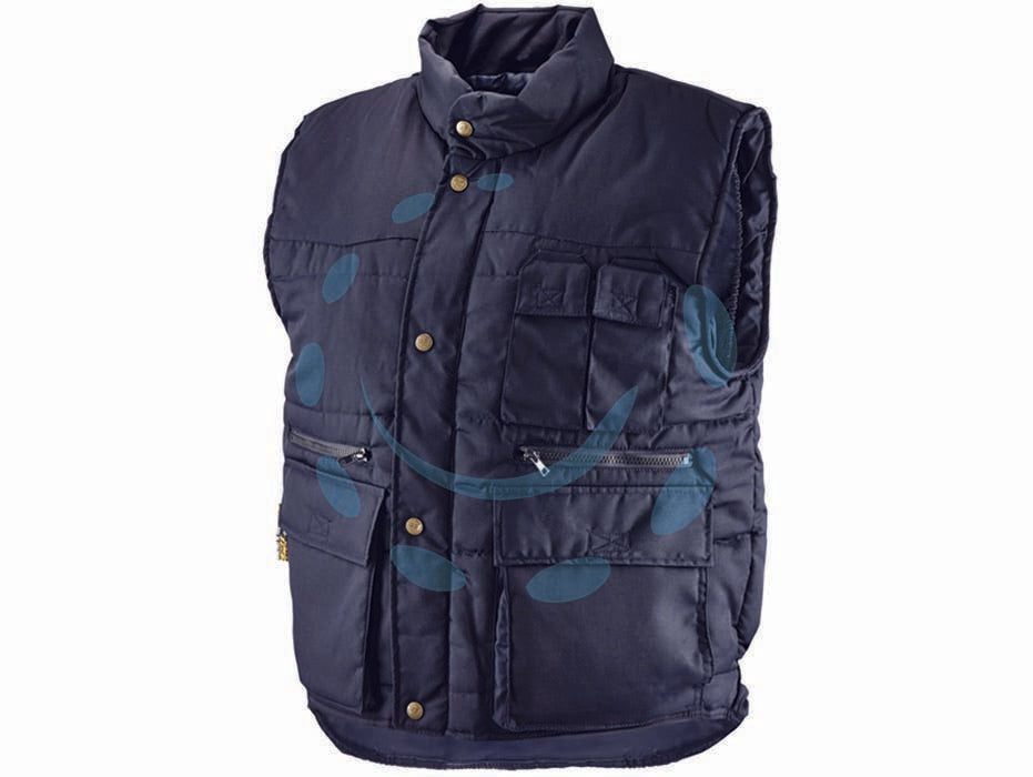 Gilet imbottito in poliestere/cotone blu - tg.XL - 65% poliestere 35% cotone, imbottitura in poliestere, fodera in poliestere, 2 tasche esterne in vita con patta e velcro e 2 t...