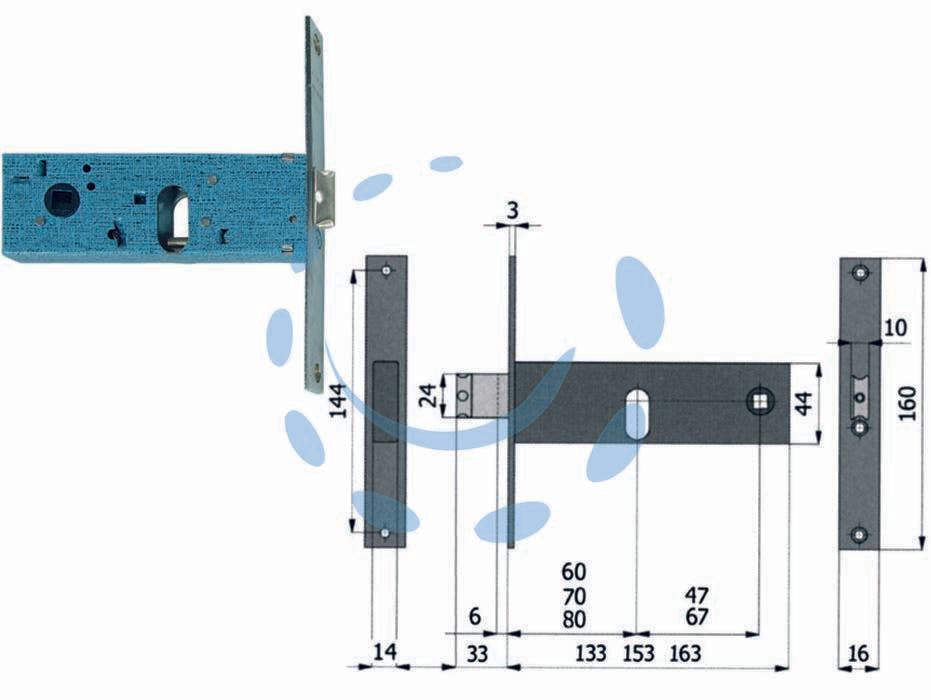 Serratura da infilare per fasce catenaccio e scrocco mm.44 h - mm.60 interasse mm.47 (390) - scatola e coperchio in acciaio zincato e plastificato per montante a fascia, frontale da mm.16x3x160h. in acciaio nichelato e...