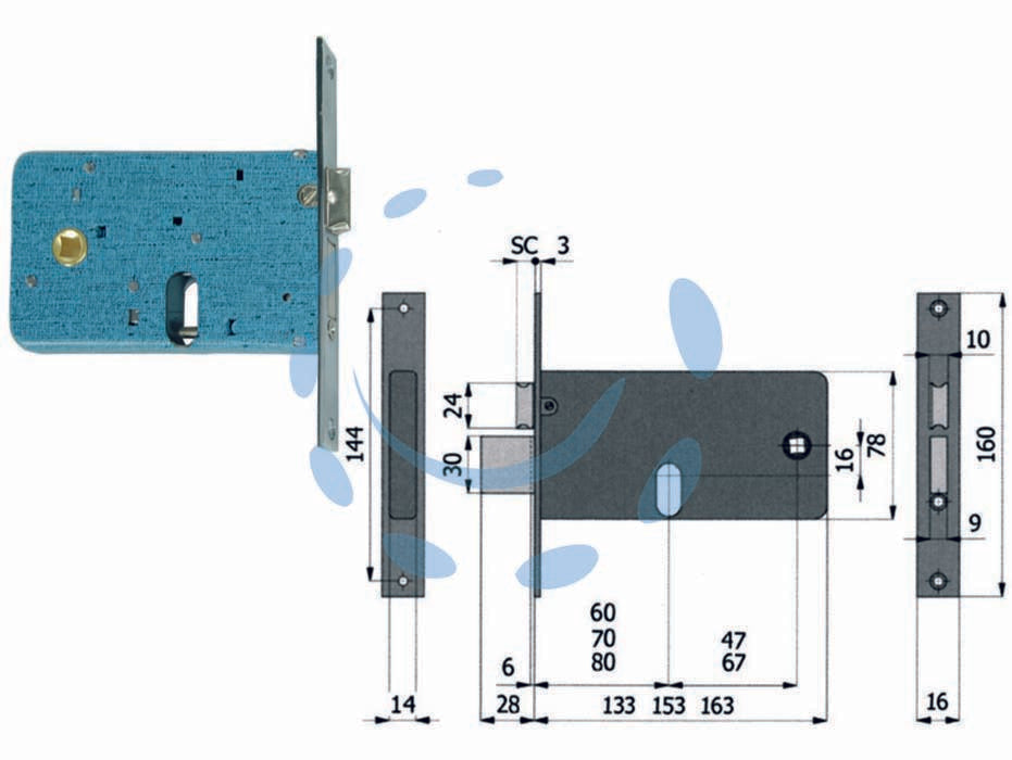 Serratura da infilare per fasce catenaccio e scrocco mm.78 h 870 - mm.60 interasse mm.47 (370) - scatola e coperchio in acciaio zincato e plastificato per montante a fascia, frontale da mm.16x3x160h. in acciaio nichelato e...