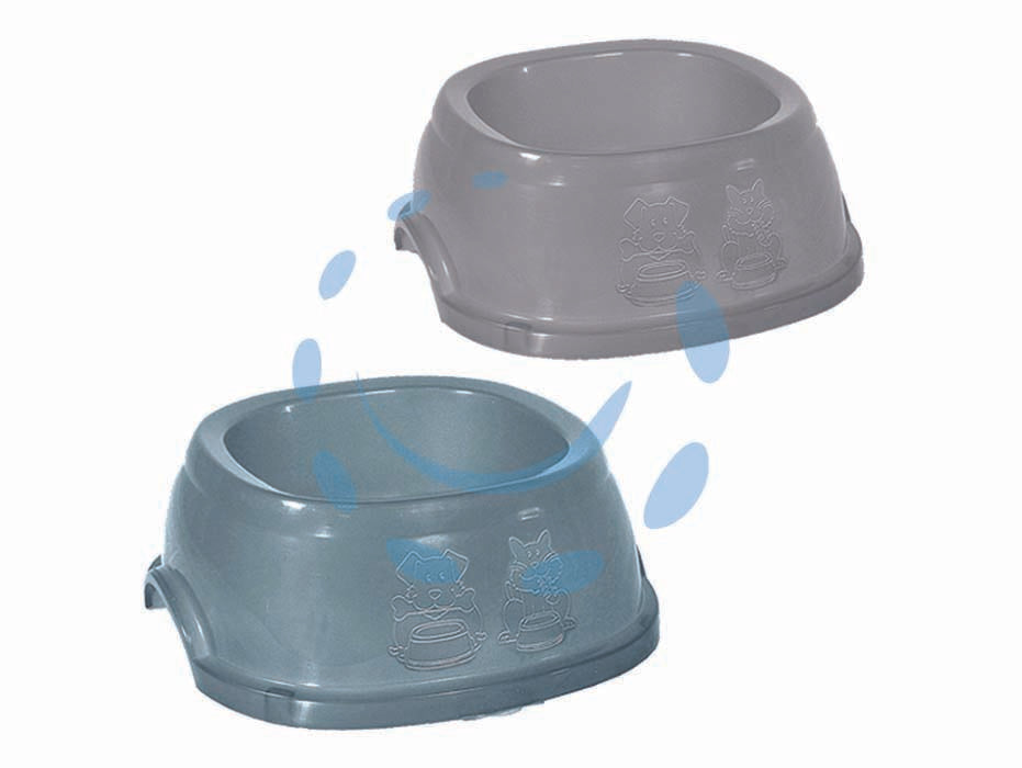 Ciotola in plastica per animali domestici - cm.17x17x6h. - lt.0,4 - prodotta con plastica colorata e leggera, è ideale da portare in viaggio, utilizzabile con cibo e con acqua, bordo inferiore ...