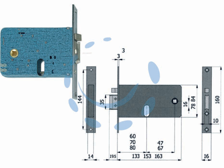 Elettroserratura infilare per fasce catenaccio e scrocco mm.84 h - mm.60 interasse mm.47 (377) - scatola e coperchio in acciaio zincato e plastificato per montante a fascia, frontale da mm.16x3x160h. in acciaio nichelato e...