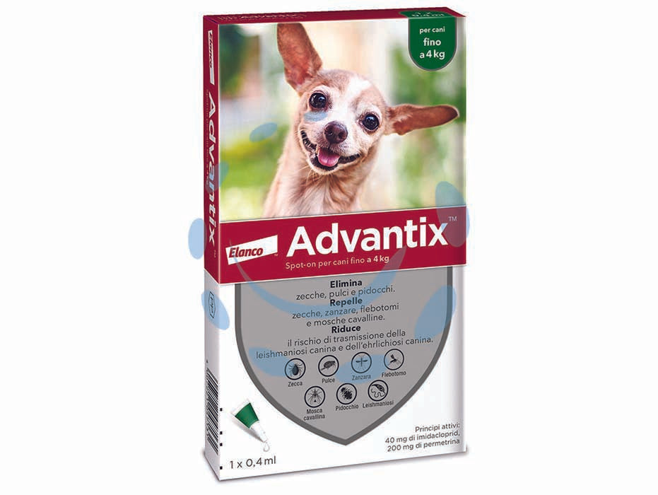 Antiparassitario advantix per cani fino a kg.4 - in conf. da 4 pipette SPOT-ON - per cani fino a Kg.4, tripla azione con IMIDACLOPRID e PERMETRINA, antiparassitario per uso esterno, repelle ed elimina zecch...