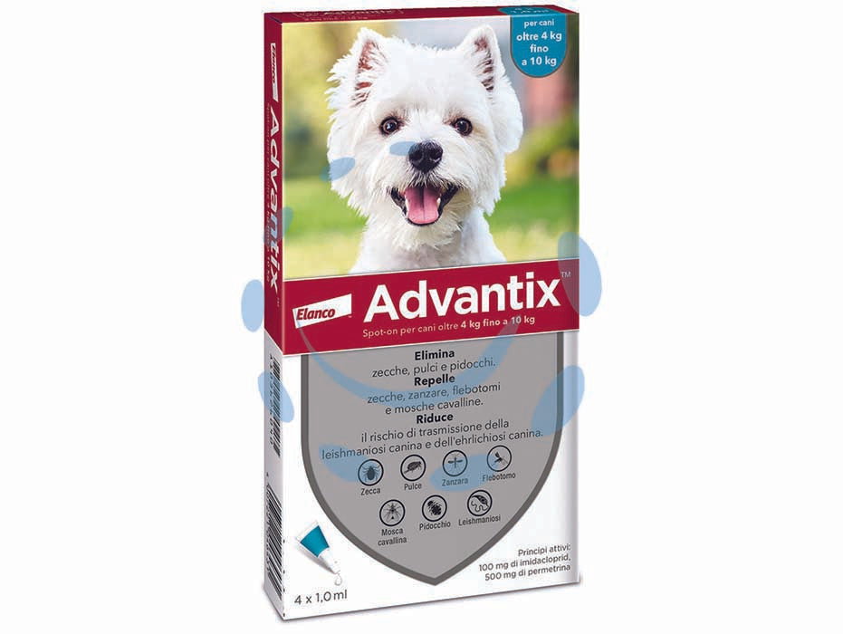 Antiparassitario advantix per cani da kg.4 a kg.10 - in conf. da 4 pipette SPOT-ON - per cani oltre Kg.4 fino a Kg.10, tripla azione con IMIDACLOPRID e PERMETRINA, antiparassitario per uso esterno, repelle ed e...