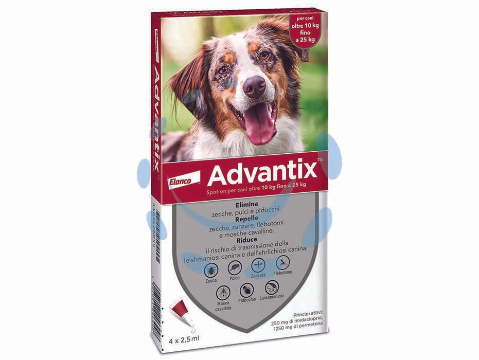 Antiparassitario advantix per cani da kg.10 a kg.25 - in conf. da 6 pipette SPOT-ON - per cani oltre Kg.10 fino a Kg.25, tripla azione con IMIDACLOPRID e PERMETRINA, antiparassitario per uso esterno, repelle ed ...