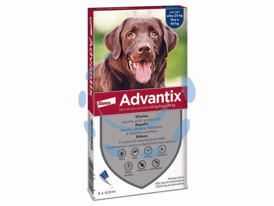 Antiparassitario advantix per cani da kg.25 a kg.40 - in conf. da 4 pipette SPOT-ON - per cani da Kg.25 a Kg.40, tripla azione con IMIDACLOPRID e PERMETRINA, antiparassitario per uso esterno, repelle ed elimina ...