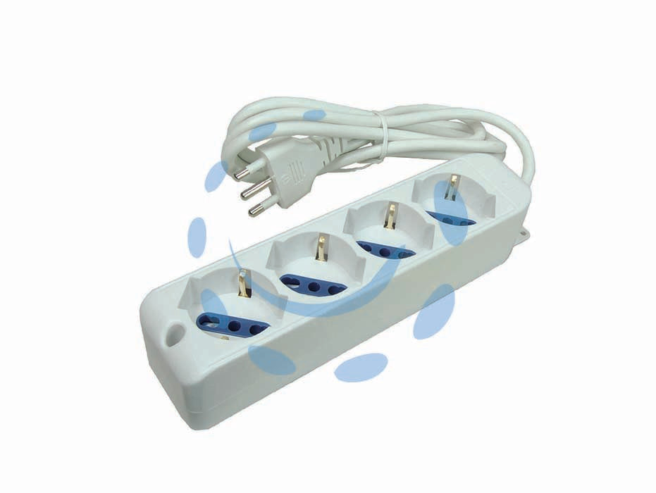 Multipresa 4 posti con schuko - spina 16A prese schuko+ bipasso cavo da 3x mmq.1 lunghezza mt.1,5 colore bianco