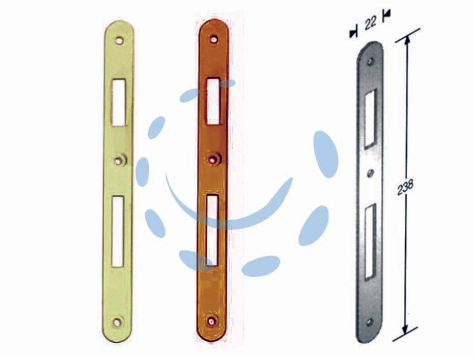 Contropiastra per serratura a bussola - bordo tondo ferro ottonato - interasse mm.90 per serrature da mm.30-35-40-45-50-60 con frontale da mm.240h.