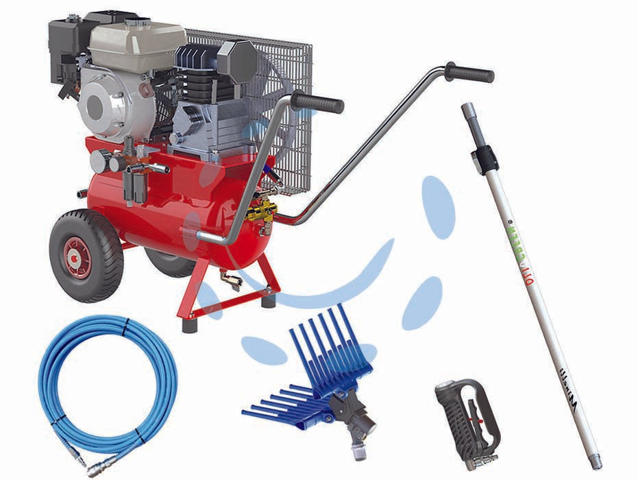 Motocompressore in kit enercomp 35 k carrellato - motore benzina HONDA GP 160 e pompa ABAC PAT 24B, equipaggiato con gruppo FR + L METAL WORK, presa aria pulita, valvola di si...