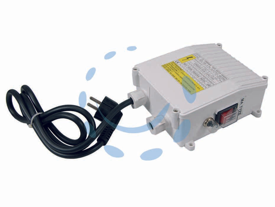 Quadro di comando e protezione per pompe sommerse - portata max di utilizzo 1,5 Hp, 1100w 10A, tensione di alimentazione 230v / 50/60Hz monofase, grado di protezione IP44