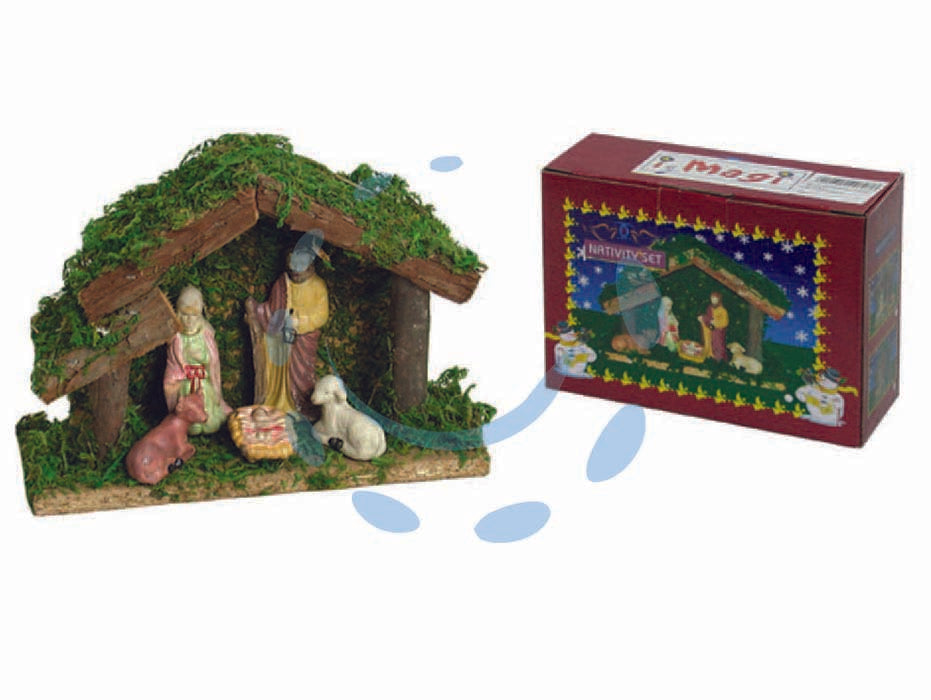 Presepe in legno piccolo - cm.20x6,5x14h. con 5 statuette in ceramica, confezionato in scatola illustrata