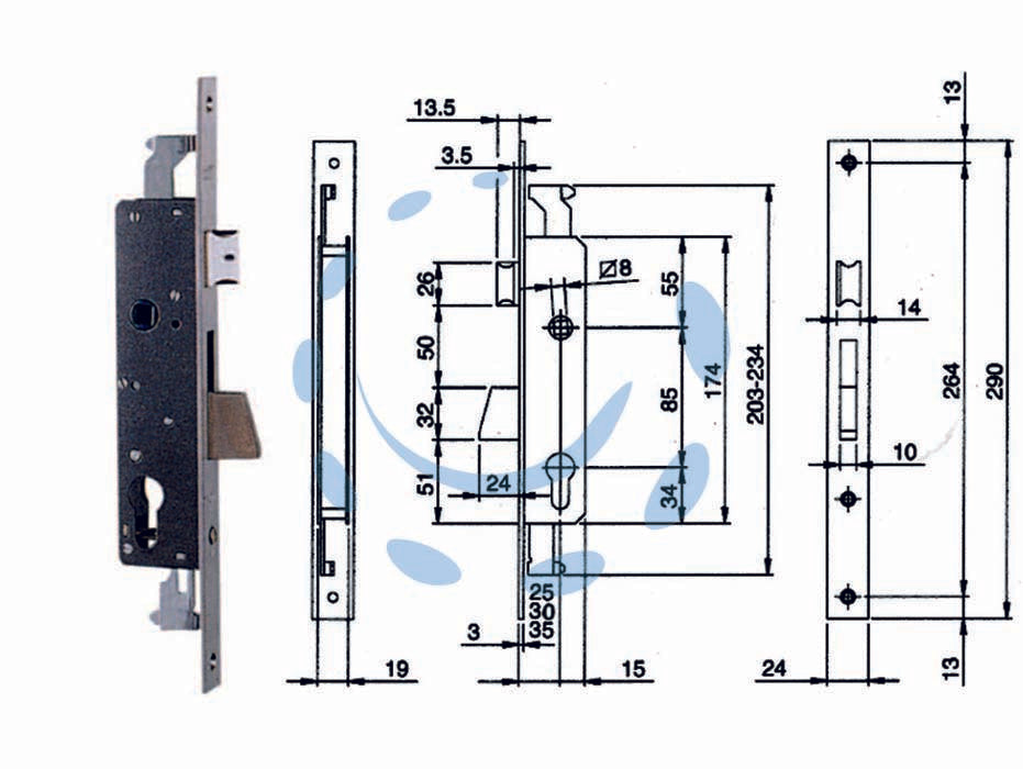 Serratura triplice infilare per montanti e pers. c/quadro e scr. 783 - mm.30 (783301IFZ) - scatola in acciaio verniciato, frontale mm.24x3x290h. in acciaio zincato, catenaccio rotante 1 mandata in acciaio nichelato, ...