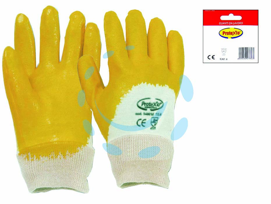 Guanti da lavoro impregnato in  nbr colore giallo - tg. 9 - guanti in cotone impregnati in NBR, polso in maglia,  dorso areato, mpieghi: edilizia, industria meccanica leggera, impiantis...