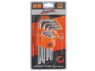 Chiavi maschio torx con foro tipo corto cromo vanadio in serie 9 pezzi - in serie da pz.9 con supporto conf. in blister, misure: T10-T15-T20-T25-T27-T30-T40-T45-T50 in acciaio cromo vanadio