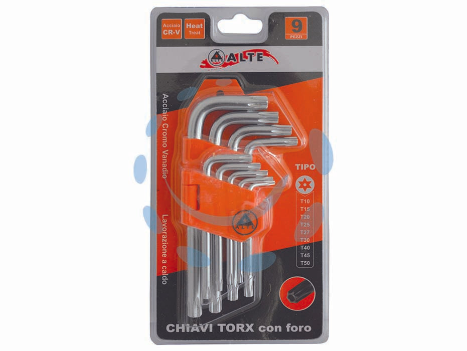 Chiavi maschio torx con foro tipo corto cromo vanadio in serie 9 pezzi - in serie da pz.9 con supporto conf. in blister, misure: T10-T15-T20-T25-T27-T30-T40-T45-T50 in acciaio cromo vanadio