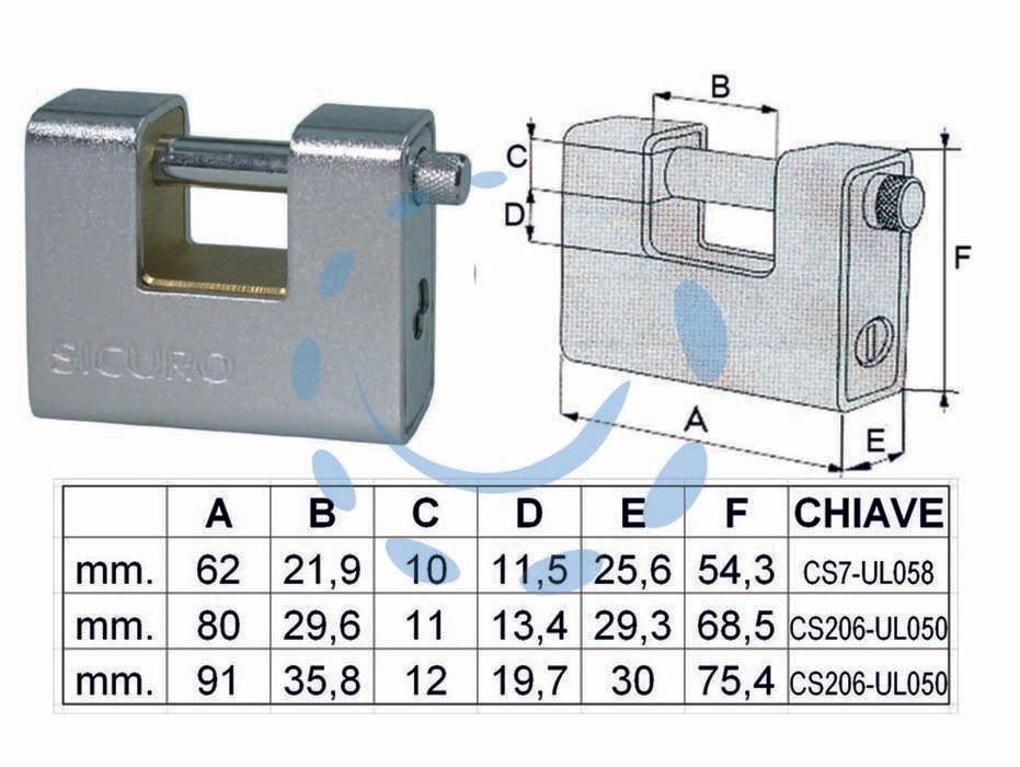 Lucchetto corazzato a una bocca - mm.80 - corpo monoblocco in ottone rivestito interamente da una corazza in acciaio cromato, cilindro con 3 chiavi a 5 spine