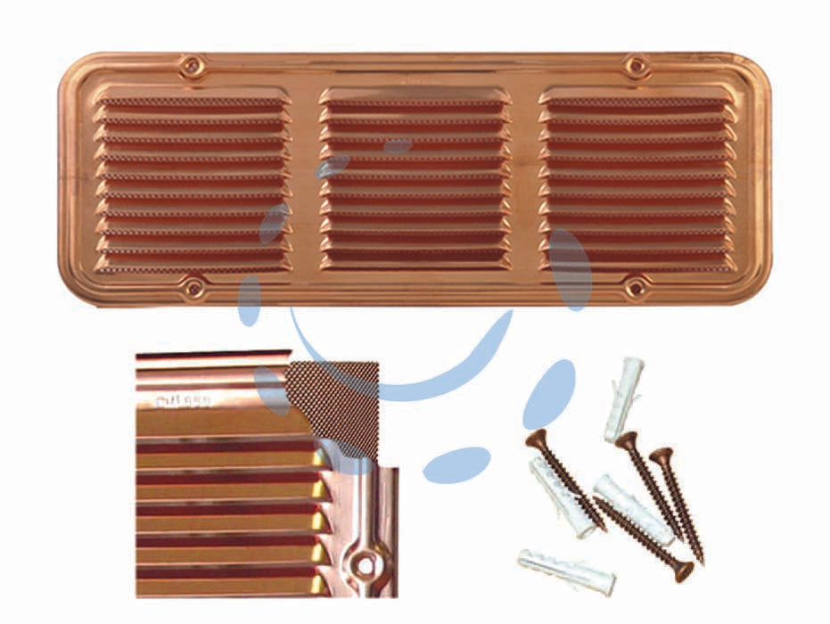 Griglia aerazione rettangolare in rame - cm.25x14h. - griglia con retina anti insetti in rame, imballate singolarmente in blister, completa di viti color rame e tasselli per il mo...