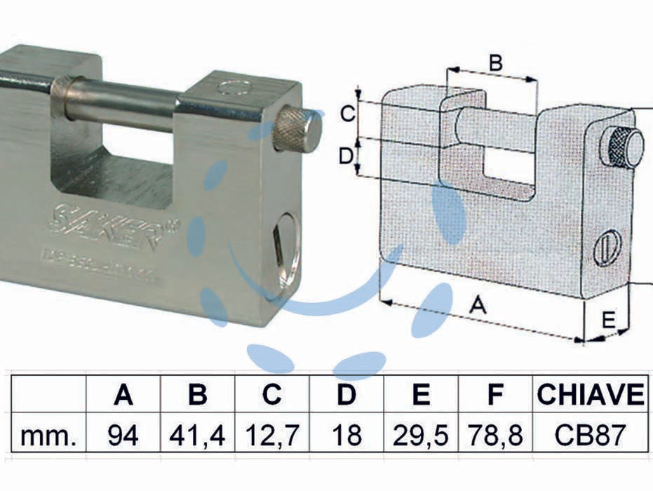 Lucchetto in acciaio monoblocco a una bocca - mm.94 - corpo monoblocco in acciaio, cilindro 'EUROPEO' con 5 chiavi a 12 spine (tipo silca CB87)