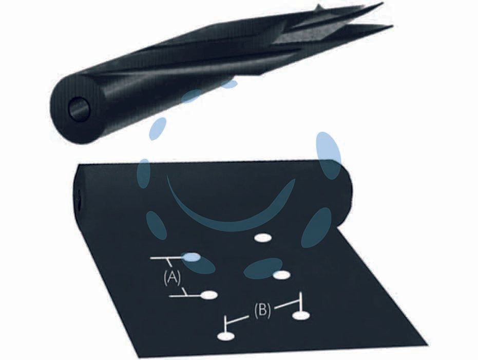 Foglia polietilene nera pacciamatura 2 fori - mt.1,2h. mt.1300 passo(A)cm.20 distanza(B)cm.25 - spessore mm.0,05, rotolo cm.120h. con 2 fori sfalzati ø mm.80 in linea cm.30x30- film in LDPE coestruso, la stabilizzazione n...
