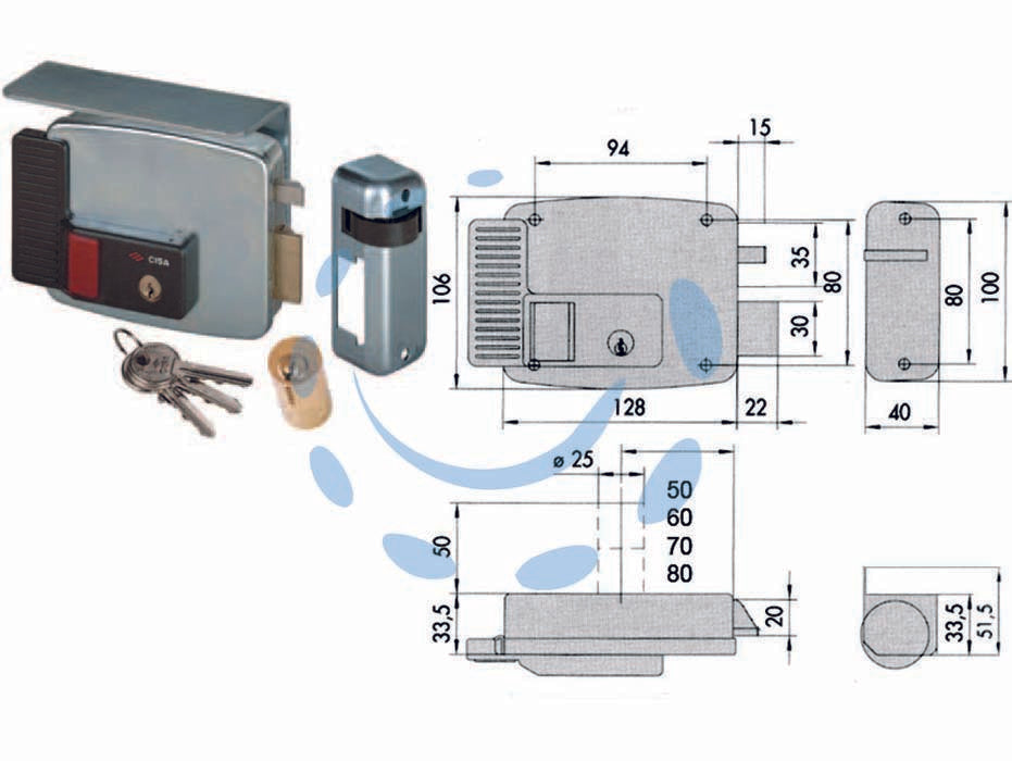 Elettroserratura per cancelli con tetto e pulsante interno 11731 - mm.50 DX (11731501) - scatola e bocchetta in acciaio con rivestimento in zinco, tensione 12v AC, scrocco autobloccante, apertura dall’interno con p...