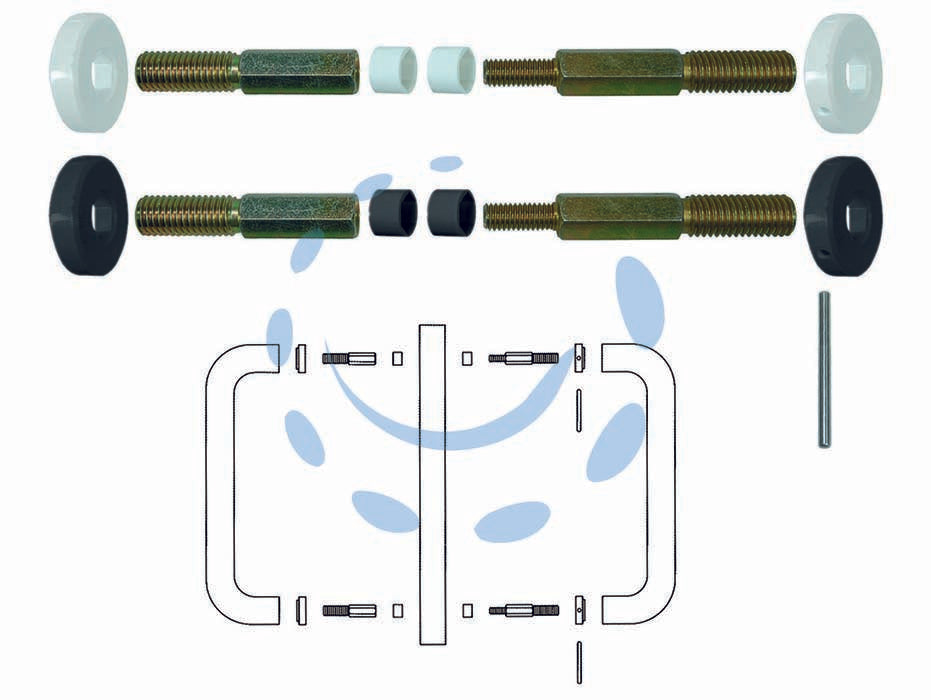 Fissaggio doppio per vetro-legno-alluminio - mm.300/350 in nylon colore bianco - adatto per il fissaggio passante di maniglioni interno/esterno accoppiati, viti con quadrello esagonale in acciaio (ns. cod.:...