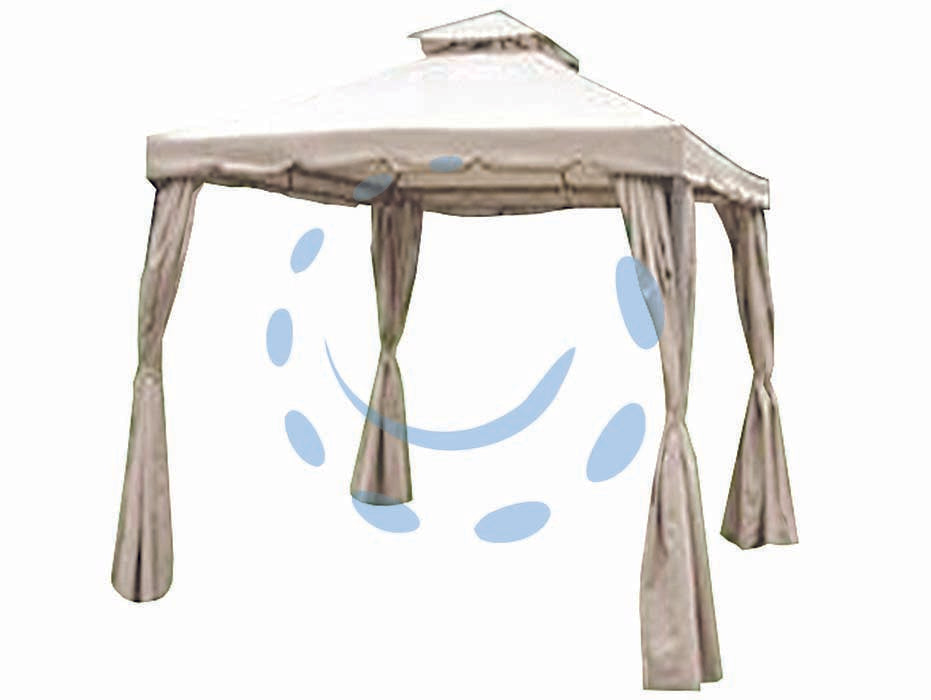 Gazebo in metallo con chiusure laterali - dimensioni mt.3x3x2,6/2h. - telaio verniciato a polvere di colore grigio, pali diametro mm.56, travi mm.20x20, barre del tetto mm.15x15, copertura beige ...