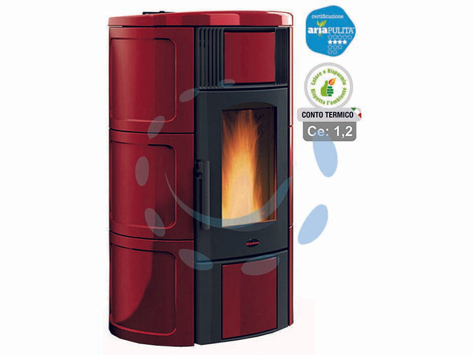 Stufa a pellet iside idro 18,8 kw bordeaux (conto termico) - misure cm.69x62,7x119,7h. - peso Kg.255 - 5,3/18,8 Kw potenza nominale utile per mc.540 riscaldabili- 3,9/15,7 Kw resa nell’acqua, 1,4/3,1 Kw/h. potenza resa nell’ambi...