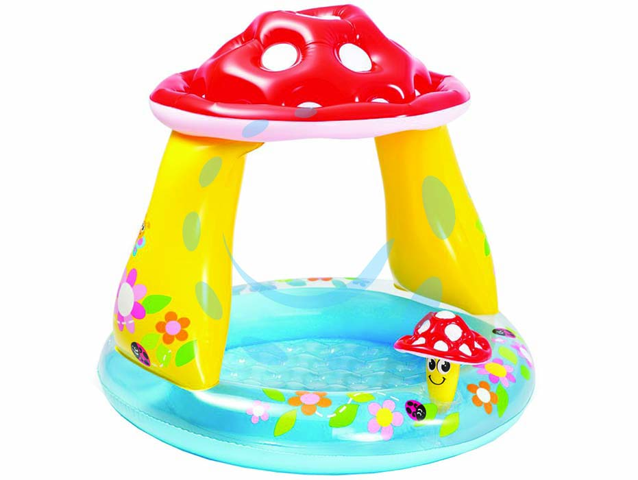 Piscina gonfiabile tonda fungo con parasole  1-3 anni - ø cm.102x89h. - peso kg.1,50 (57114) - in vinile spessore mm.0,25, con pavimento morbido gonfiabile, capienza d'acqua lt.45, kit corredo di riparazione