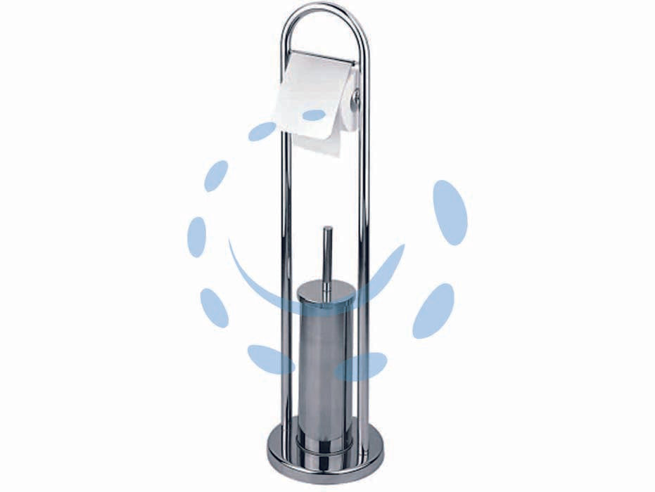 Portascopino wc con porta rotolo in acciaio inox - base ø cm.22 - altezza totale cm.82 - struttura in acciaio inox 410, scopino con setole in fibra sintetica