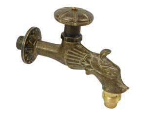 Rubinetto artistico in ottone a vitone bronzo anticato attacco M 1/2' - rosone ø mm.54, bocca a testa di drago, con reggisecchio e rompigetto, colore: bronzato anticato