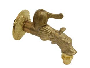 Rubinetto artistico in ottone a leva oro anticato attacco M 1/2' - rosone ø mm.72, bocca a testa di drago, con reggisecchio e rompigetto, colore: oro anticato