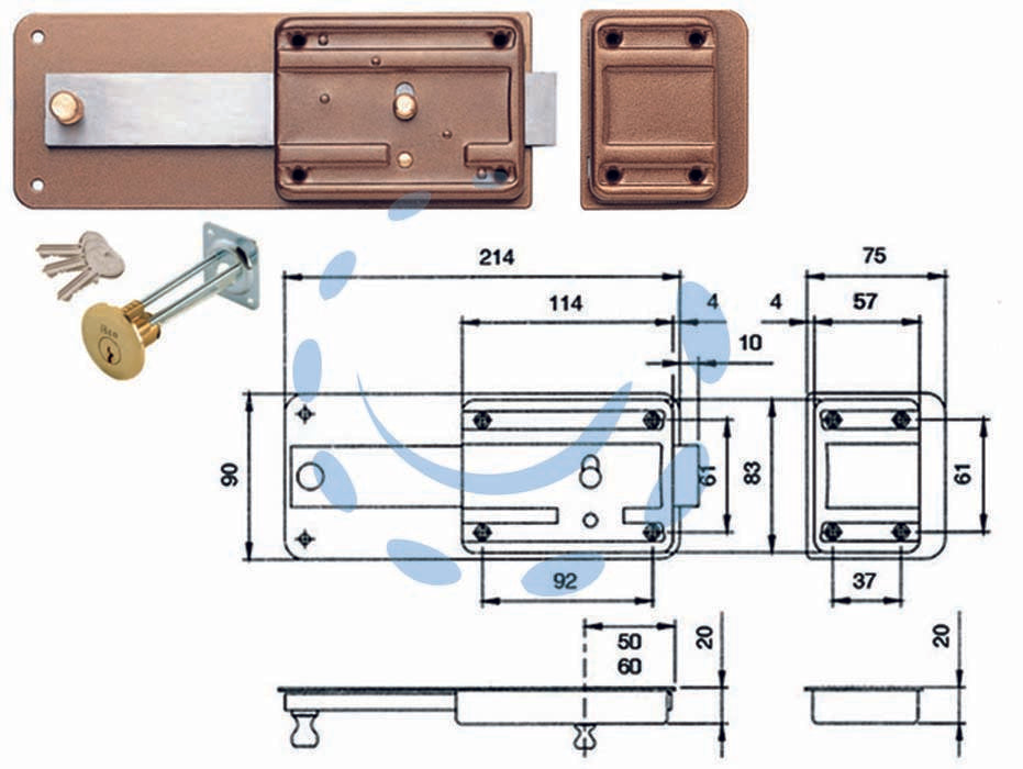 Ferroglietto con catenaccio 5 mandate scrocco cilindro staccato 320 - mm.60 (320605) - scatola e bocchetta in acciaio verniciato, serratura da applicare per porte in legno, catenaccio a 5 mandate con scrocco inco...