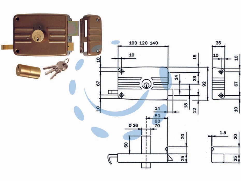 Serratura da portoncino catenaccio e scrocco doppio cil. fisso 431/432 - mm.40 DX 2 mandate (431402) - scatola e bocchetta in acciaio verniciato, serratura da applicare per porte in legno, catenaccio con cilindro interno e scroc...