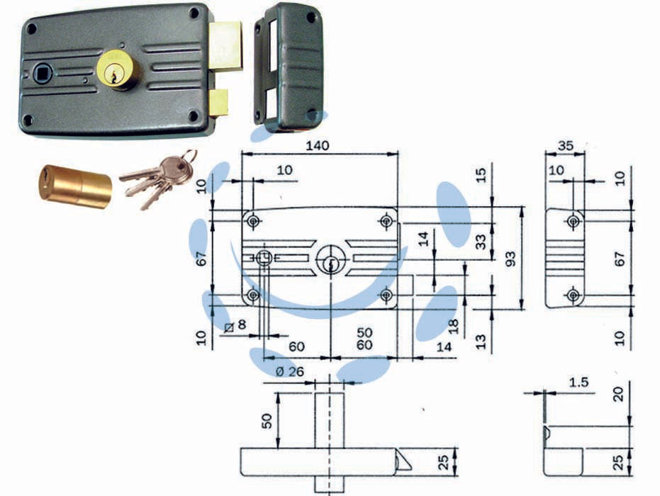 Serratura porte ferro c/quadro caten. e scr. cil. fisso s/al. 485/486 - mm.60 DX (485603) - scatola e bocchetta in acciaio verniciato nero, serratura da applicare per porte in ferro senza aletta, catenaccio 3 mandate ...