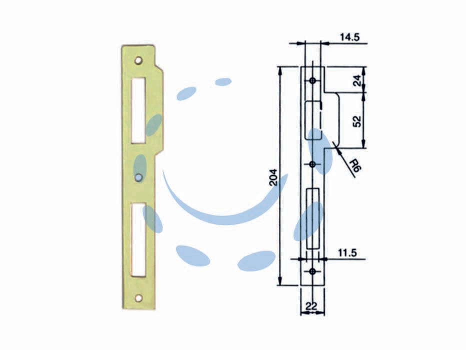 Contropiastra piana per serrature serie 200n - (032016) - in acciaio ottonato per serrature da mm.30-35-40-45-50-60 con frontale quadro da mm.22x204h.