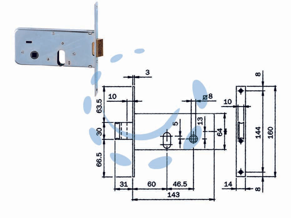 Serratura da infilare per fasce catenaccio e scrocco mm.64 h 710 - mm.60 (7106010) - in acciaio zincato per montante a fascia, frontale da mm.16x3x160h. in acciaio zincato, catenaccio mm.10 a 2 mandate con scro...