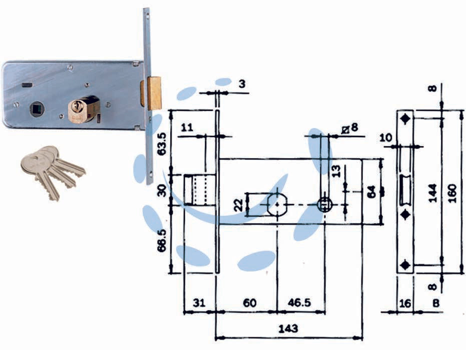 Serratura da infilare per fasce catenaccio e scrocco mm.64 h 712 - mm.60 (712601) - in acciaio zincato per montante a fascia, frontale da mm.16x3x160h. in acciaio zincato, catenaccio mm.10 a 2 mandate con scro...