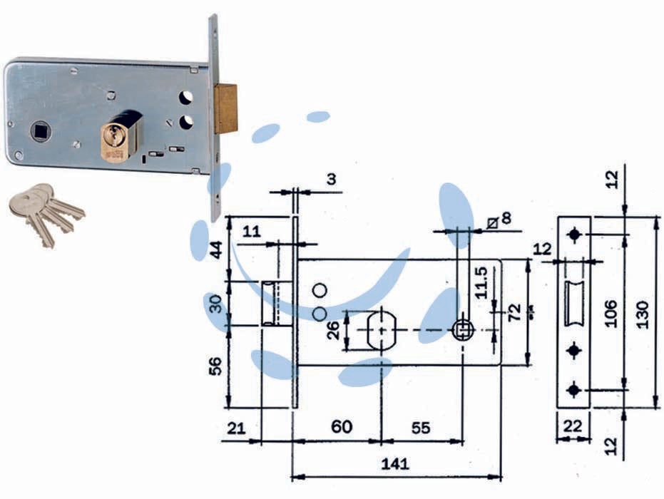 Serratura da infilare per fasce catenaccio e scrocco mm.72 h 725 - mm.60 (725600) - in acciaio zincato per montante a fascia, frontale da mm.22x3x130h. in acciaio zincato, catenaccio mm.11 a 1 mandata con scro...