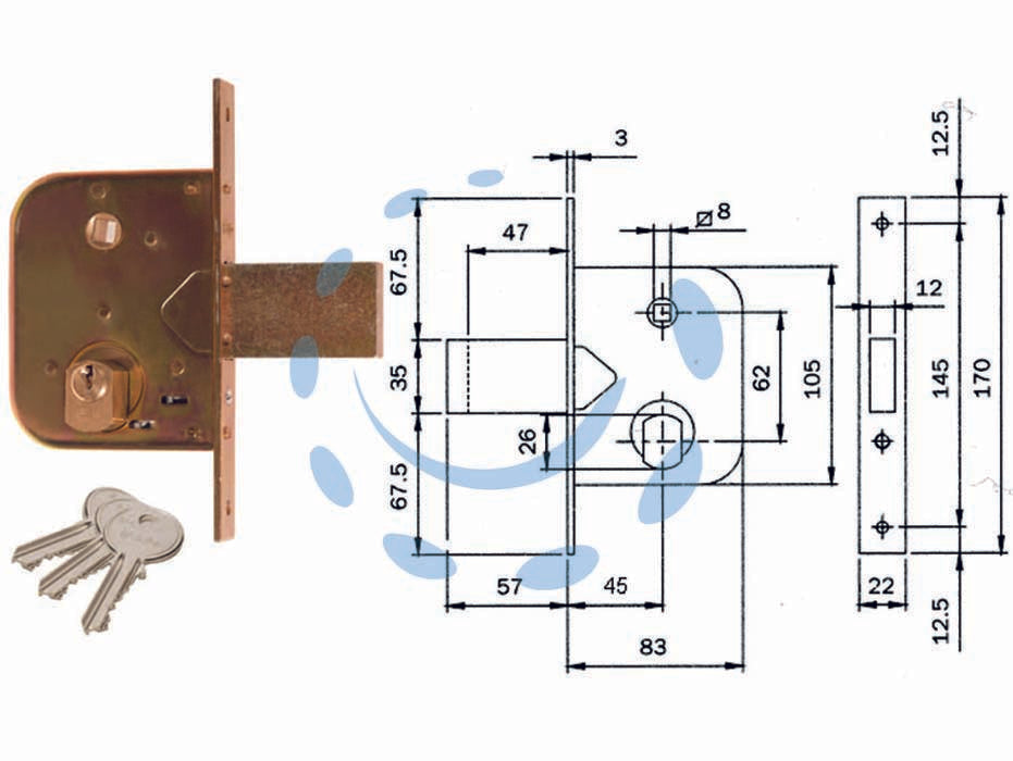 Serratura da infilare per cancelli con quadro caten. prol. e scr. 600 - mm.45 (600450) - scatola e frontale in acciaio tropicalzzato, catenaccio prolungato mm.10 a 1 mandata con scrocco incorporato, richiamo scrocc...