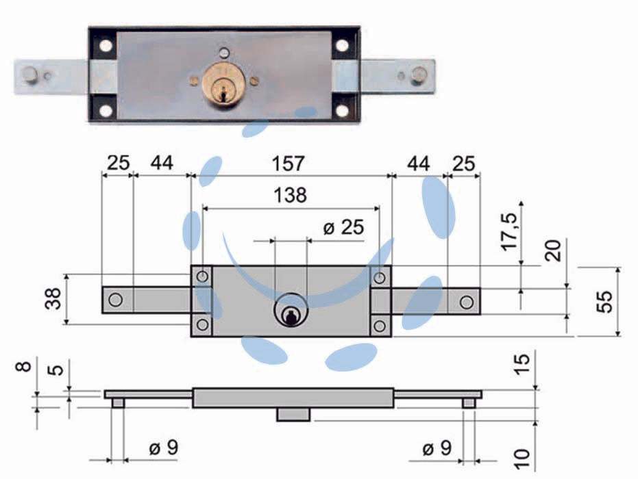 Serratura serranda centrale cilindro fisso tondo 641 - mm.157x10x55h. (641010) - per serranda, scatola in acciaio verniciato, catenacci zincati diritti con perni per aggancio aste ø mm.9x8h. funzionamento a...