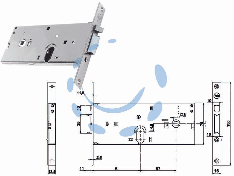 Elettroserratura infilare per fasce solo scrocco mm.78 h 85002 - mm.70, frontale mm.16 (Y8500270080) - per fascia alta, frontale in acciaio inox, scatola in acciaio zincato, solo scrocco reversibile, pistone di ricarica reversib...