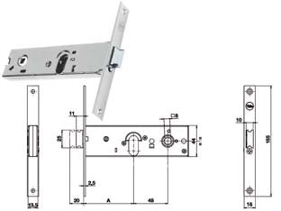 Serratura da infilare per fasce catenaccio e scrocco mm.44 h 87000 - mm.58 a 1 mandata (Y8700058080) - per fascia stretta, frontale in acciaio inox, scatola in acciaio zincato, catenaccio con scrocco incorporato reversibile con ...