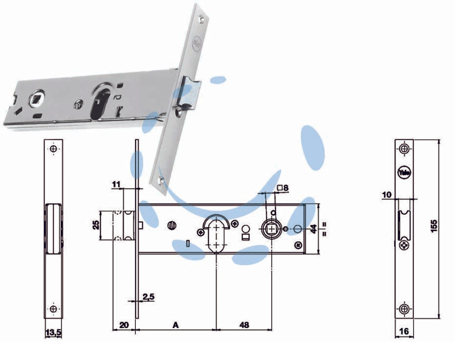 Serratura da infilare per fasce catenaccio e scrocco mm.44 h 87000 - mm.58 a 1 mandata (Y8700058080) - per fascia stretta, frontale in acciaio inox, scatola in acciaio zincato, catenaccio con scrocco incorporato reversibile con ...