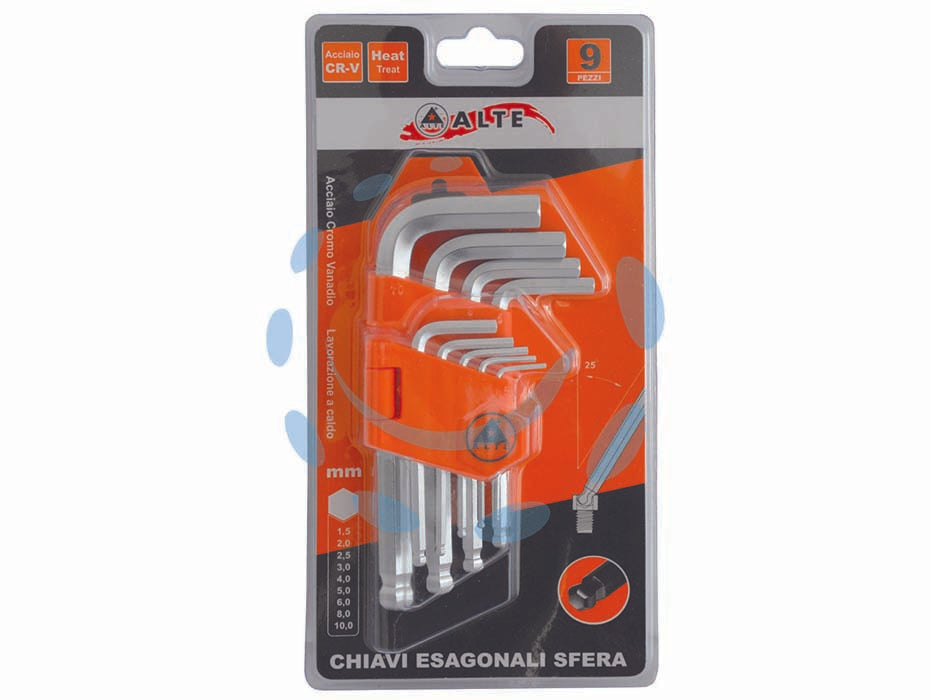 Chiavi maschio esagonali ball point tipo corto cromo vanadio sr. 9 pz. - in serie da pz.9 con supporto conf. in blister, mm.1,5-2-2,5-3-4-5-6-8-10 in acciaio cromo vanadio