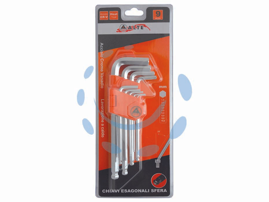 Chiavi maschio esagonali ball point tipo medio cromo vanadio sr. 9 pz. - in serie da pz.9 con supporto conf. in blister, mm.1,5-2-2,5-3-4-5-6-8-10 in acciaio cromo vanadio