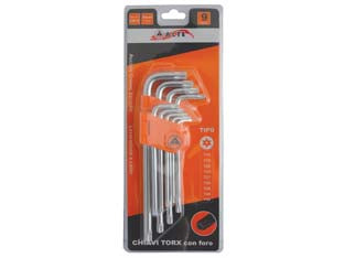 Chiavi maschio torx con foro tipo medio cromo vanadio in serie 9 pezzi - in serie da pz.9 con supporto, conf. in blister, misure: T10-T15-T20-T25-T27-T30-T40-T45-T50 in acciaio cromo vanadio