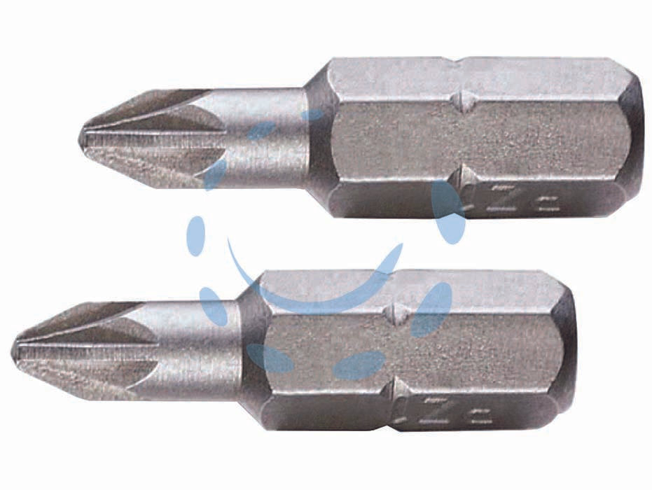 Inserti a croce pozidrive in blister per avvitatori mm.25 - mm.25 PZ 1  in blister 2pz. - acciaio cromo vanadium sabbiato, attacco esagonale 1/4'