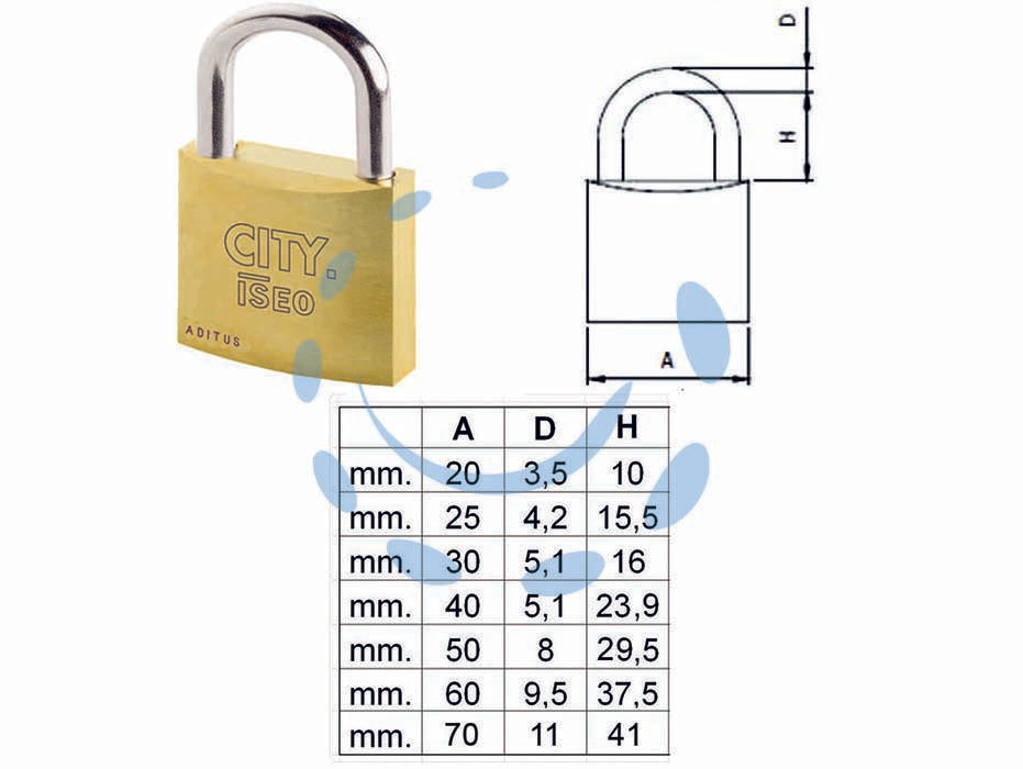 Lucchetto ottone arco normale aditus city p700 - mm.40 KA (P70040217.K) - corpo monoblocco in ottone satinato e verniciato, arco in acciaio temperato e cromato, dotazione 3 chiavi