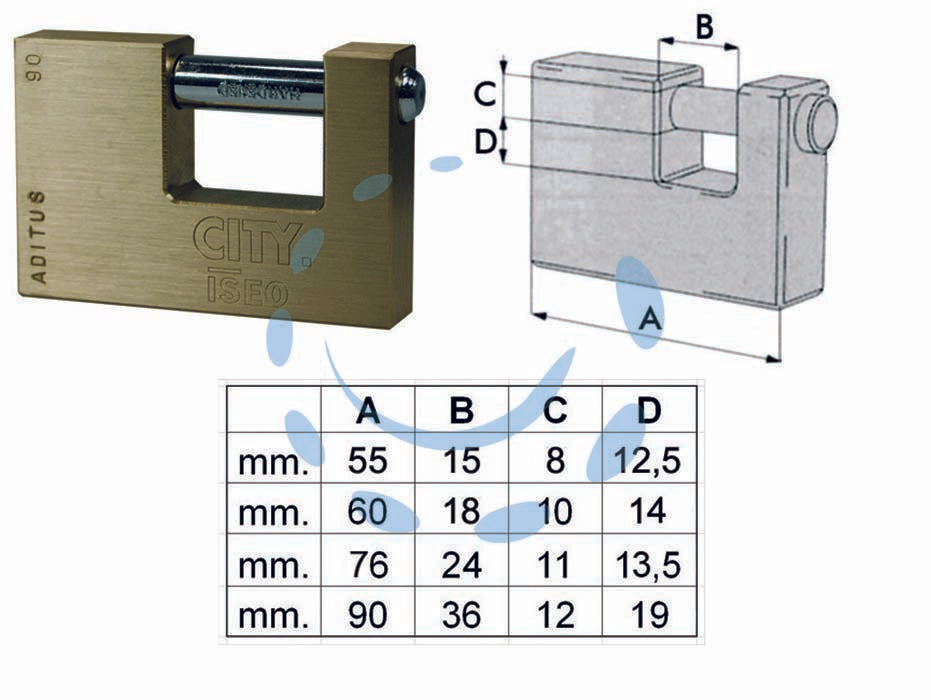 Lucchetto rettangolare in ottone city p740 - mm.90 KA (P74090197.K) - corpo monoblocco in ottone satinato e verniciato, barra in acciaio carbonitrurato e cromato, dotazione 3 chiavi
