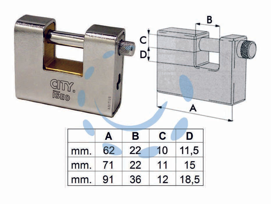 Lucchetto corazzato a una bocca aditus city p749 - mm.90 (P74990367) - corpo monoblocco in ottone rivestito interamente da una corazza in acciaio sabbiata carbonitrurata e cromata, barra in acciai...