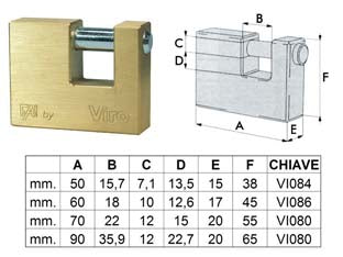 Lucchetto rettangolare in ottone fai by viro - mm.50 (art.505) - corpo monoblocco in ottone massiccio trafilato satinato, asta in acciaio cementato temperato nichelato e cromato, chiusura a ...